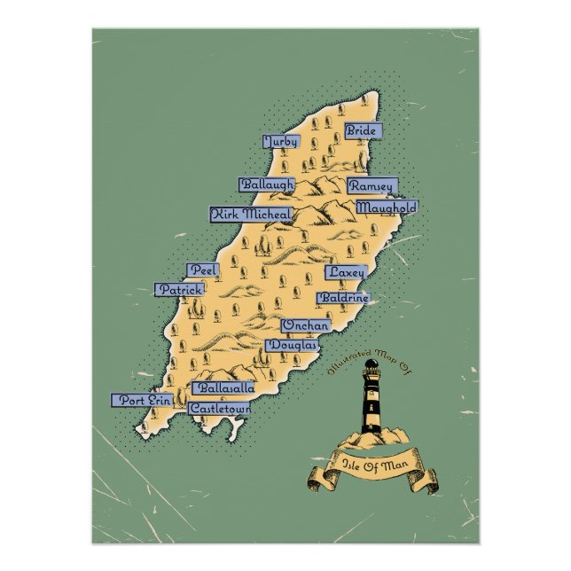 Póster Mapa de viaje ilustrado de la Isla de Man (Anverso)