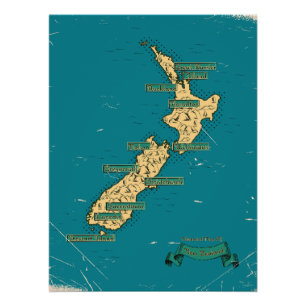 Póster Mapa de viaje ilustrado de Nueva Zelanda