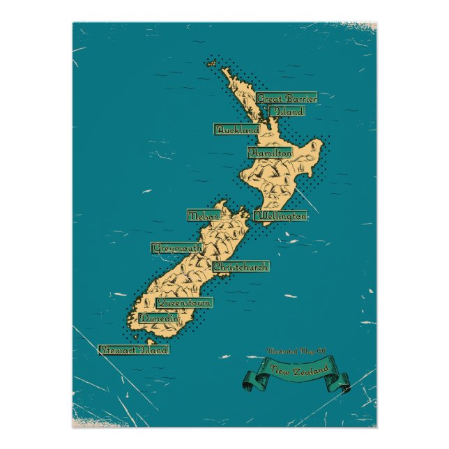 Póster Mapa de viaje ilustrado de Nueva Zelanda (Anverso)