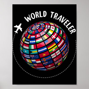 Póster Mapa de Viajero Mundial, Viajero de Banderas Mundi
