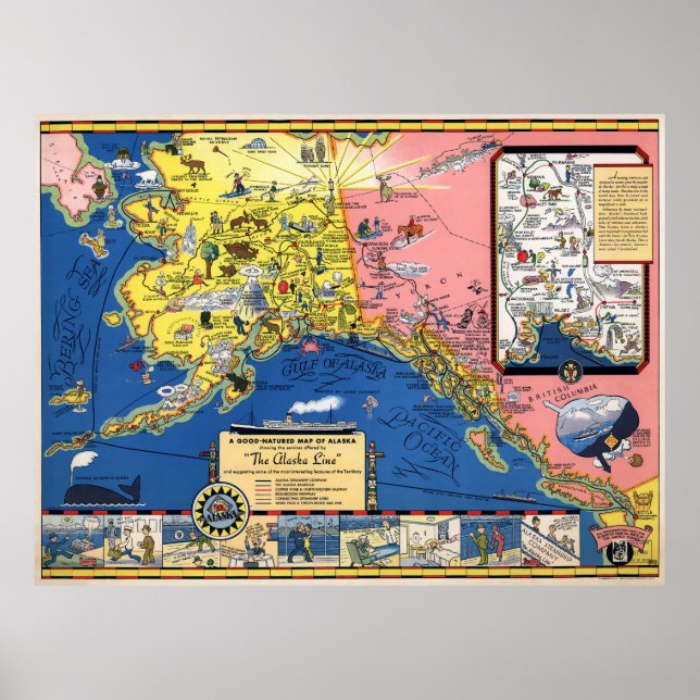 PÓSTER MAPA DE VIAJES DE ALASKA 1934 (Frente)