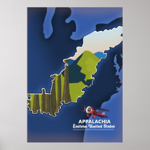 Póster Mapa de viajes de Appalachia Oriental de los Estad