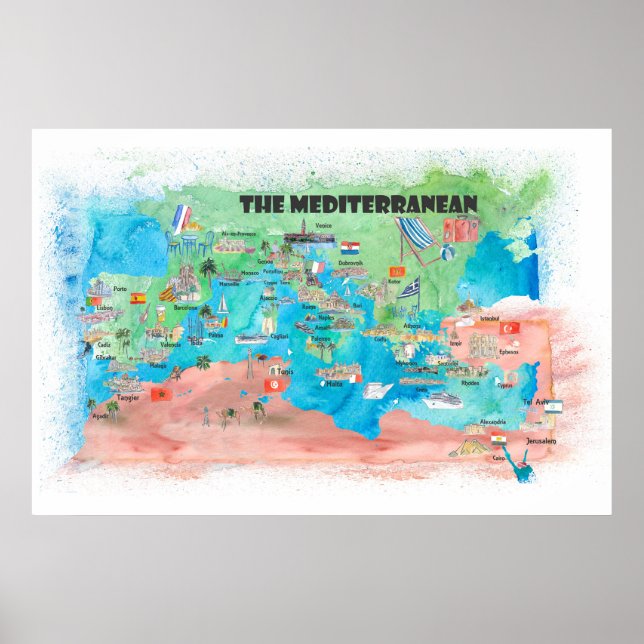 Póster Mapa de viajes de crucero Mediterráneo España Ital (Frente)
