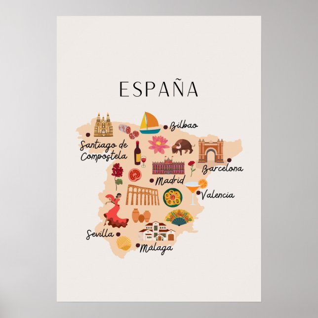 Póster Mapa de viajes de España (Frente)