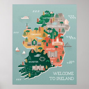 Póster Mapa de viajes de Irlanda   Lugares de interés y c