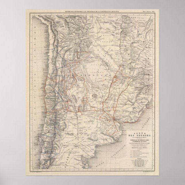 Póster Mapa de viajes del Dr. V Martin de Moussy (Frente)