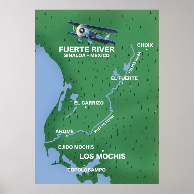 Póster Mapa de viajes del río Fuerte Sinaloa, México (Frente)