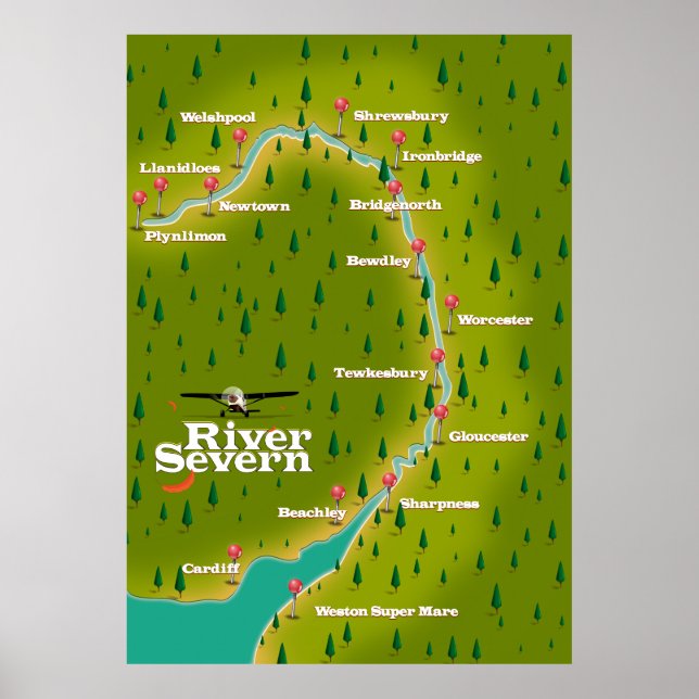 Póster Mapa de viajes del Río Severn Gales Inglaterra (Frente)