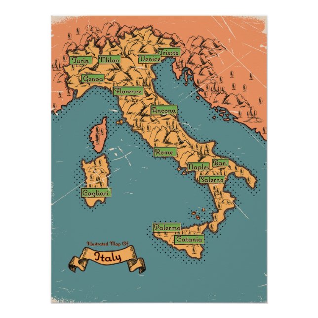 Póster Mapa De Viajes Ilustrado De Italia (Anverso)
