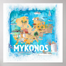Póster Mapa de viajes ilustrado de Mykonos Grecia