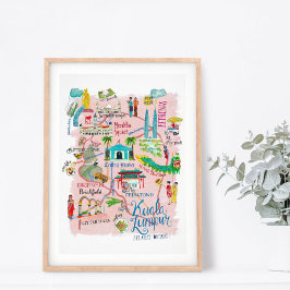 Póster Mapa de viajes Kuala Lumpur Asia ilustrativo rosa