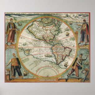 Póster Mapa de Viejo Mundo antiguo de las Américas, 1597