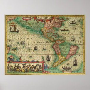 Póster Mapa de Viejo Mundo antiguo de las Américas, 1606