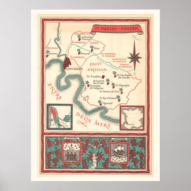 Póster Mapa de vino de Bordeaux de St. Emilion Imprimir (Frente)