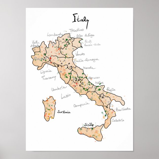 Póster Mapa de vinos de Italia (Frente)