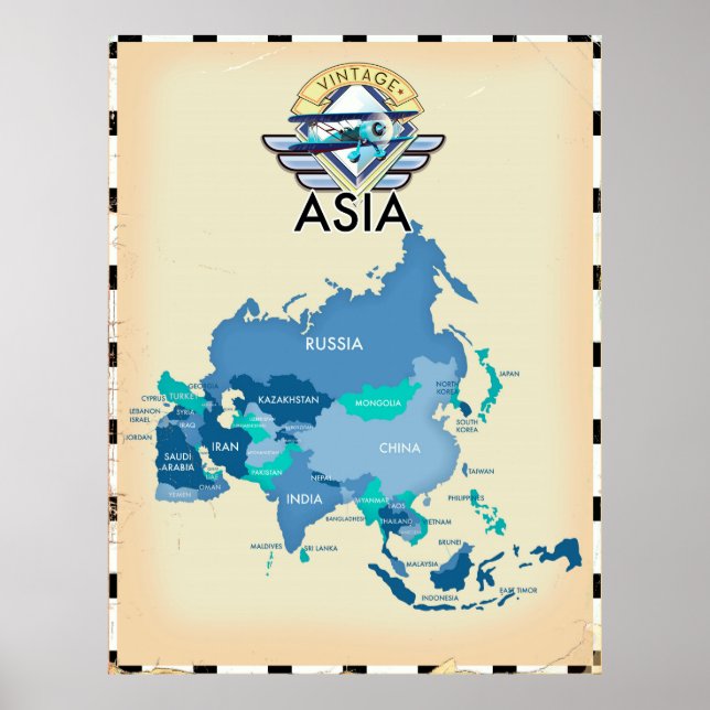 Póster Mapa De Vintage De Asia (Frente)