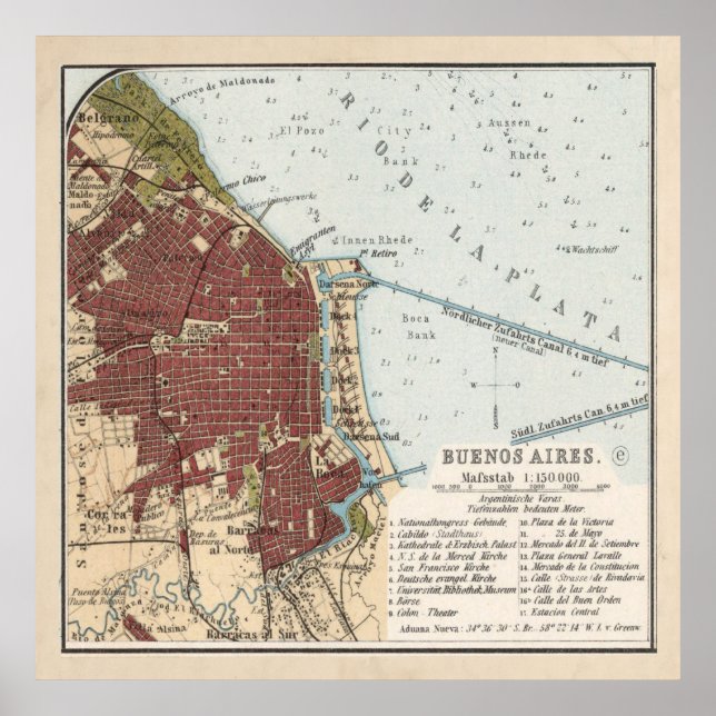 Póster Mapa de Vintage de Buenos Aires Argentina (1904) (Frente)