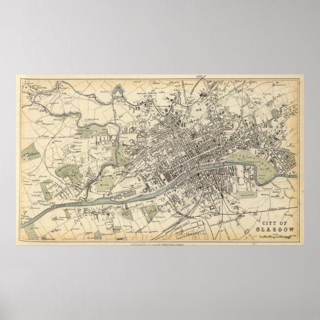 Póster Mapa de Vintage de Glasgow Scotland (1872) (Frente)