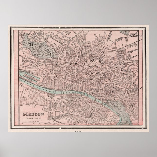 Póster Mapa de Vintage de Glasgow Scotland (1901) (Frente)