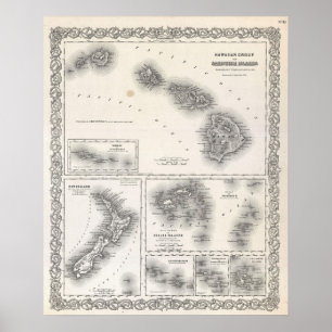 Póster Mapa de Vintage de Hawai y Nueva Zelanda (1855)