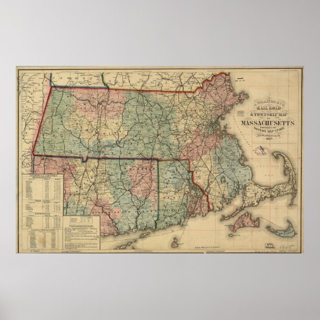 Póster Mapa de Vintage Massachusetts (1879) (Frente)