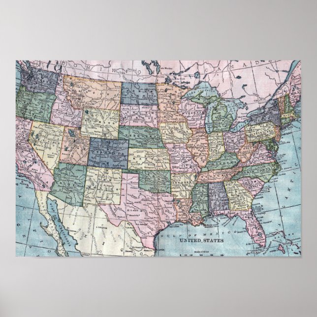 Póster Mapa de Vintage USA (Frente)