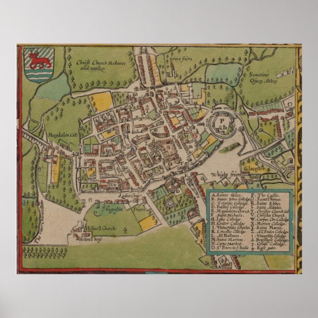 Póster Mapa de Vintge de Oxford Inglaterra (1605) (Frente)