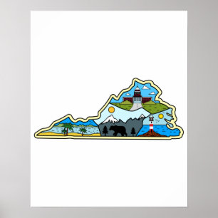 Póster Mapa de Virginia Chesapeake Charlottesville Lynchb