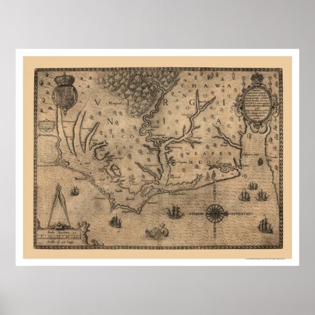 Póster Mapa de Virginia de la bahía de Chesapeake 1590 (Frente)