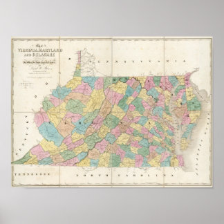Póster Mapa de Virginia, Maryland y Delaware