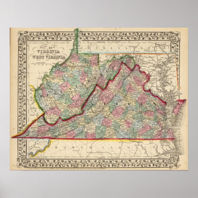 Póster Mapa de Virginia Occidental por Mitchell (Frente)