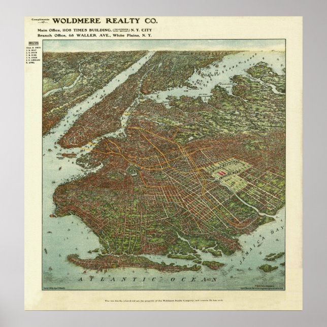 Póster Mapa de vista de ojos de pájaro de Brooklyn NY Vin (Frente)