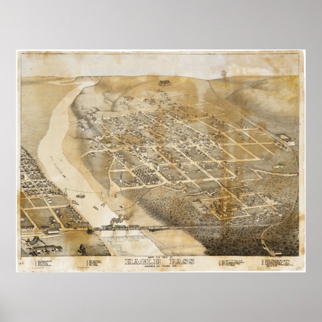 Póster Mapa de vista ocular de pájaro de Eagle Pass Texas (Frente)