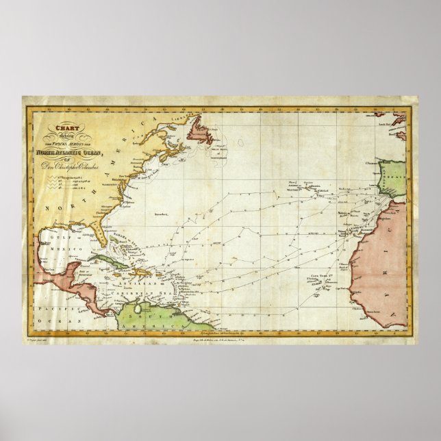 Póster Mapa de Voyage de Cristóbal Colón (1828) (Frente)