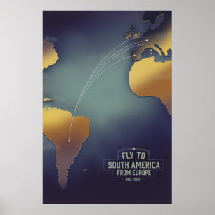Póster Mapa de vuelos a Sudamérica desde Europa