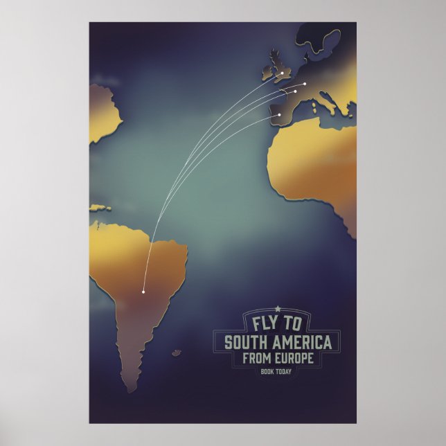 Póster Mapa de vuelos a Sudamérica desde Europa (Frente)
