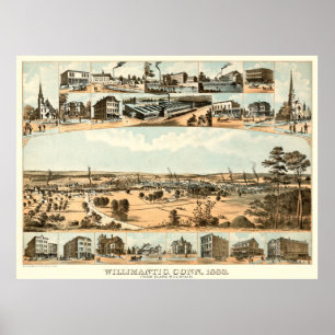Póster Mapa de Willimantic, poster del vintage del CT en