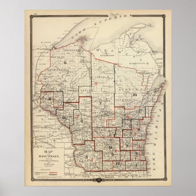 Póster Mapa de Wisconsin (Frente)