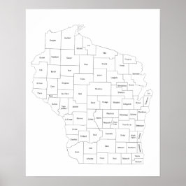 Póster Mapa de Wisconsin de los condados del estado con n