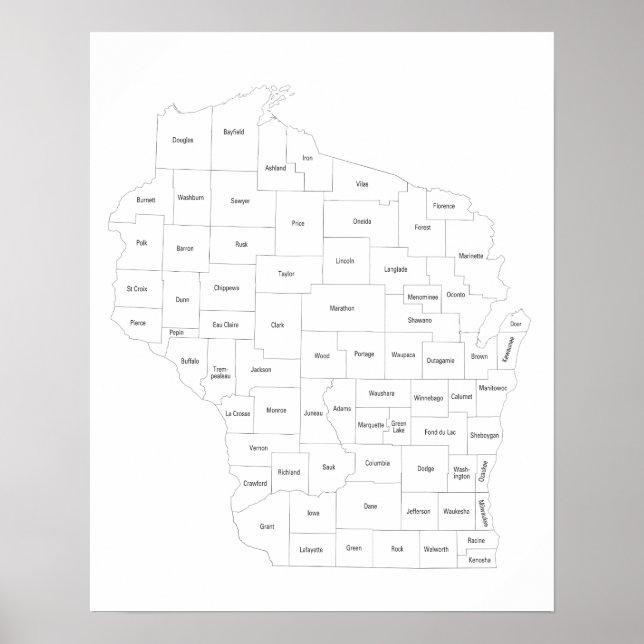 Póster Mapa de Wisconsin de los condados del estado con n (Frente)