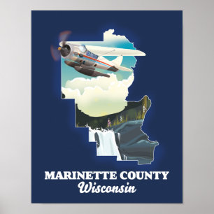 Póster Mapa de Wisconsin del condado de Marinette