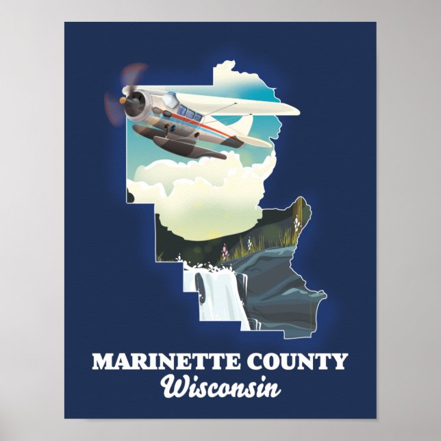 Póster Mapa de Wisconsin del condado de Marinette (Frente)