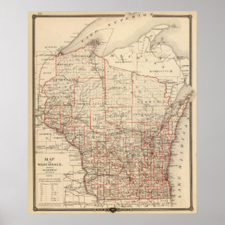 Póster Mapa de Wisconsin, mostrando los distritos de conc