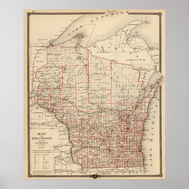 Póster Mapa de Wisconsin, mostrando los distritos de conc (Frente)