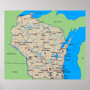 Póster Mapa de Wisconsin Poster Green (en muchos tamaños)