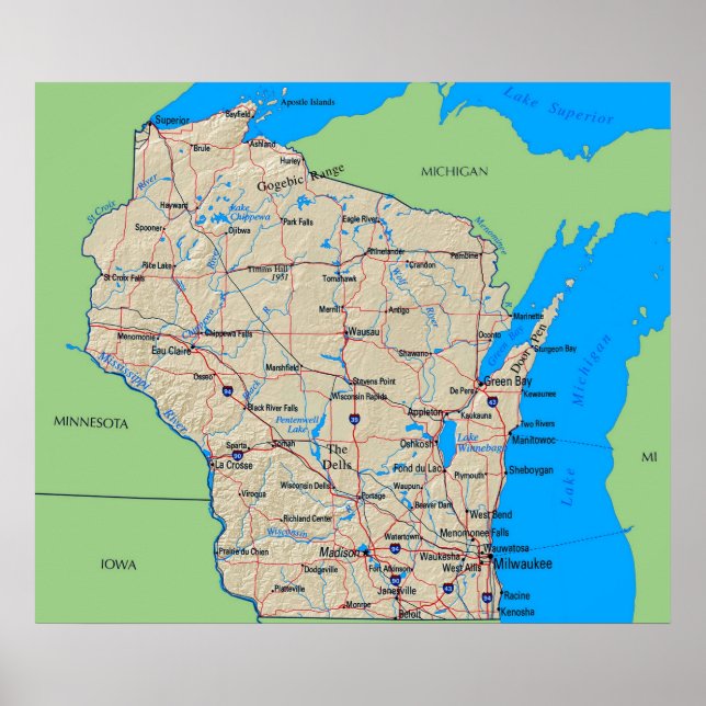 Póster Mapa de Wisconsin Poster Green (en muchos tamaños) (Frente)