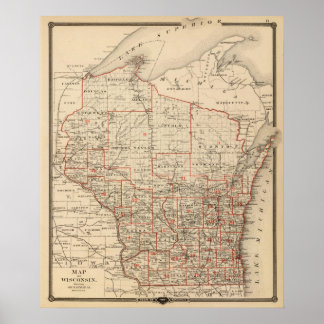 Póster Mapa de Wisconsin que muestra los distritos senato