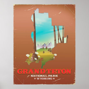 Póster Mapa de Wyoming del Parque Nacional del Gran Tetón