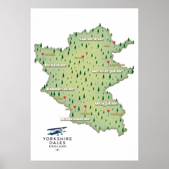 Póster Mapa de Yorkshire Dales England (Frente)
