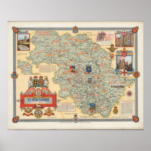 Póster Mapa de Yorkshire: West Riding (Frente)